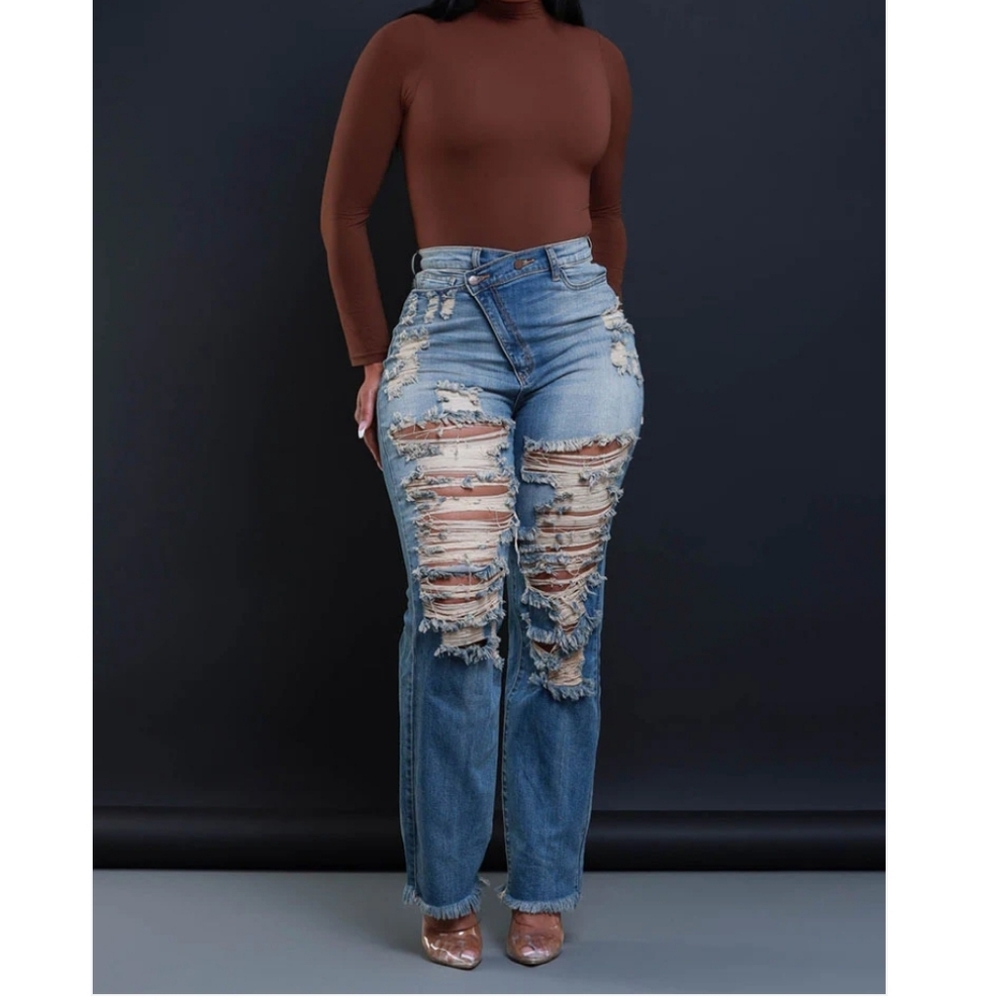 Distressed Asymmetrical Zip Jeans